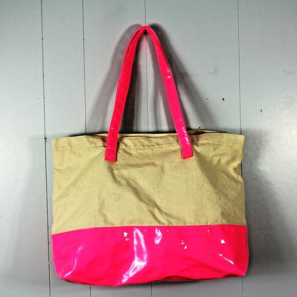 Victorias Secret Tote Bag Hot Pink Cream Canvas Patent Logo Large Beach Books - Picture 3 of 4